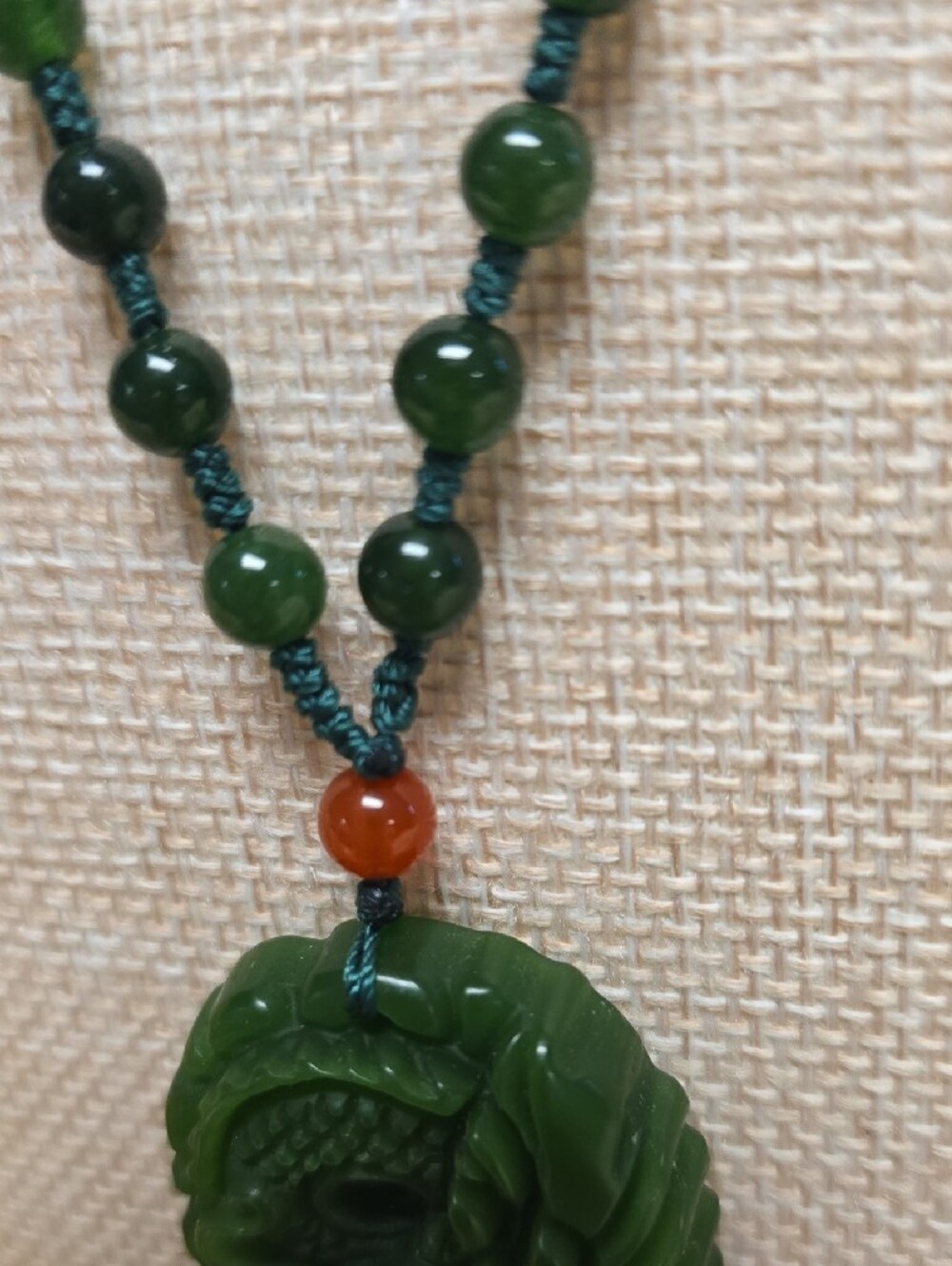 Faux Jade Dragon Pendant W/ Nephrite Jade Beaded Necklace - Picture 5 of 12